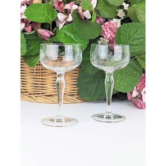 Set of 2 Etched Glass Floral Vine Cordial Cocktail Glasses 3oz Aperitif Liqueur - Picture 2 of 6